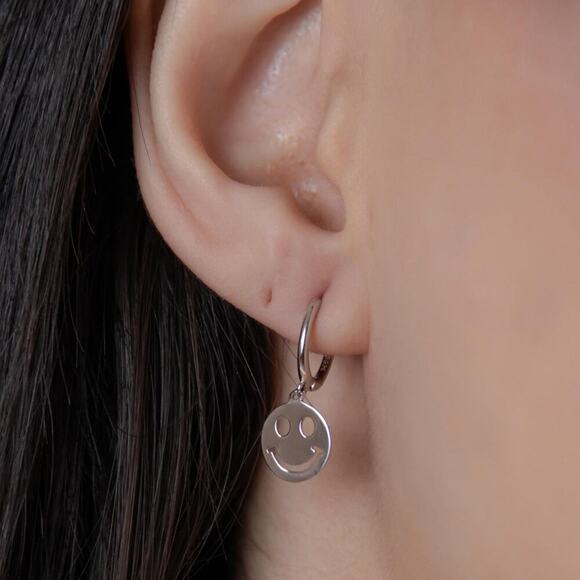 Smiley Face Hoop Earrings, 925 Sterling Silver Gold Plated Earrings, - Picture 2 of 7